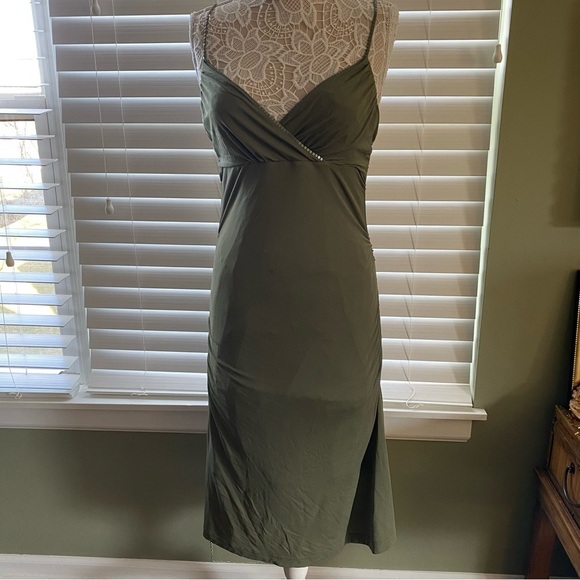 Esprit Dresses & Skirts - ESPRIT Elegant olive green midi dress Spaghetti straps V-neckline Bead detailing